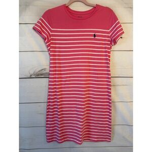 Polo Ralph Lauren Women Pink White Stripe T-Shirt Dress Short Sleeve Pony Logo M